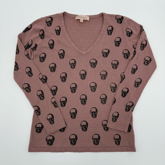 Philosophy Women’s Cashmere Blend Muted Pink Skull Print V-Neck Sweater Small - Picture 4 of 13